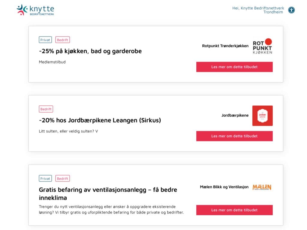 Skjermbilde av medlemstilbud på den digitale møteplassen