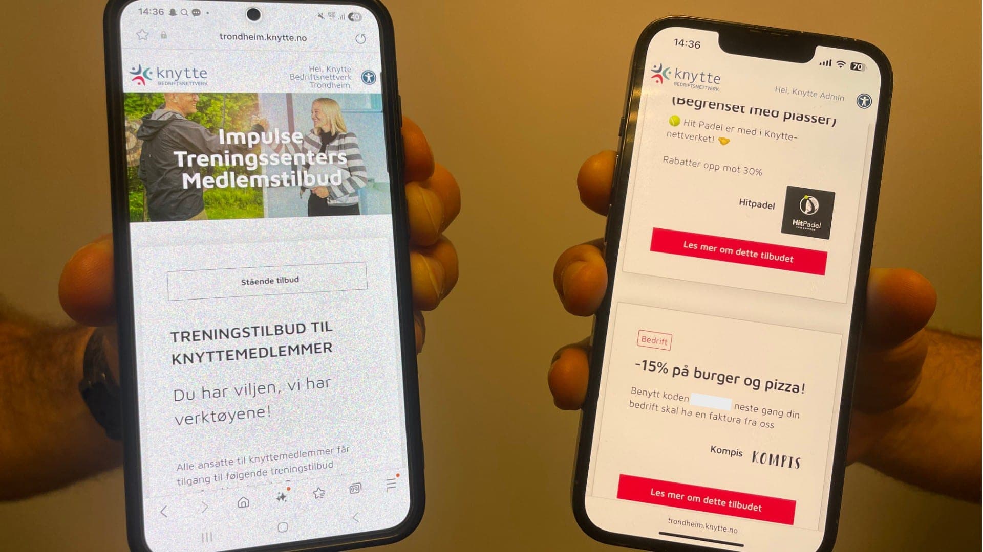 To mobiler som viser medlemstilbud på den digitale møteplassen